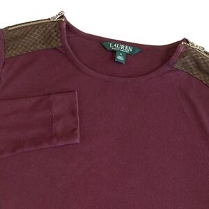 Lauren Ralph Lauren Top Small Burgundy Ribbed Top Faux Suede Shoulder Zipper